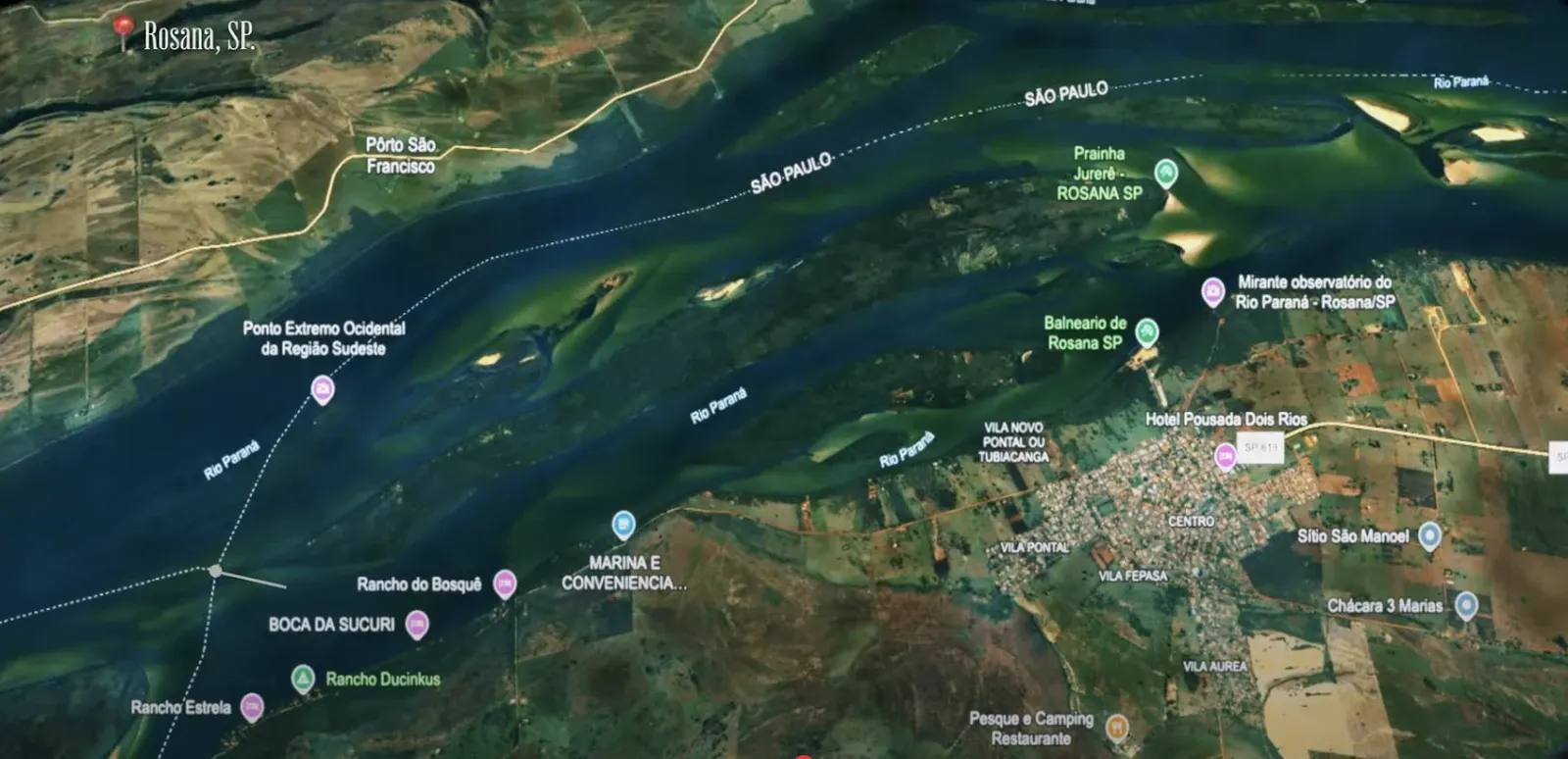Mapa da região de Rosana (SP), destacando pontos turísticos e praias de água doce às margens do Rio Paraná, no trajeto do passeio de jet ski pelas divisas de São Paulo, Paraná e Mato Grosso do Sul.