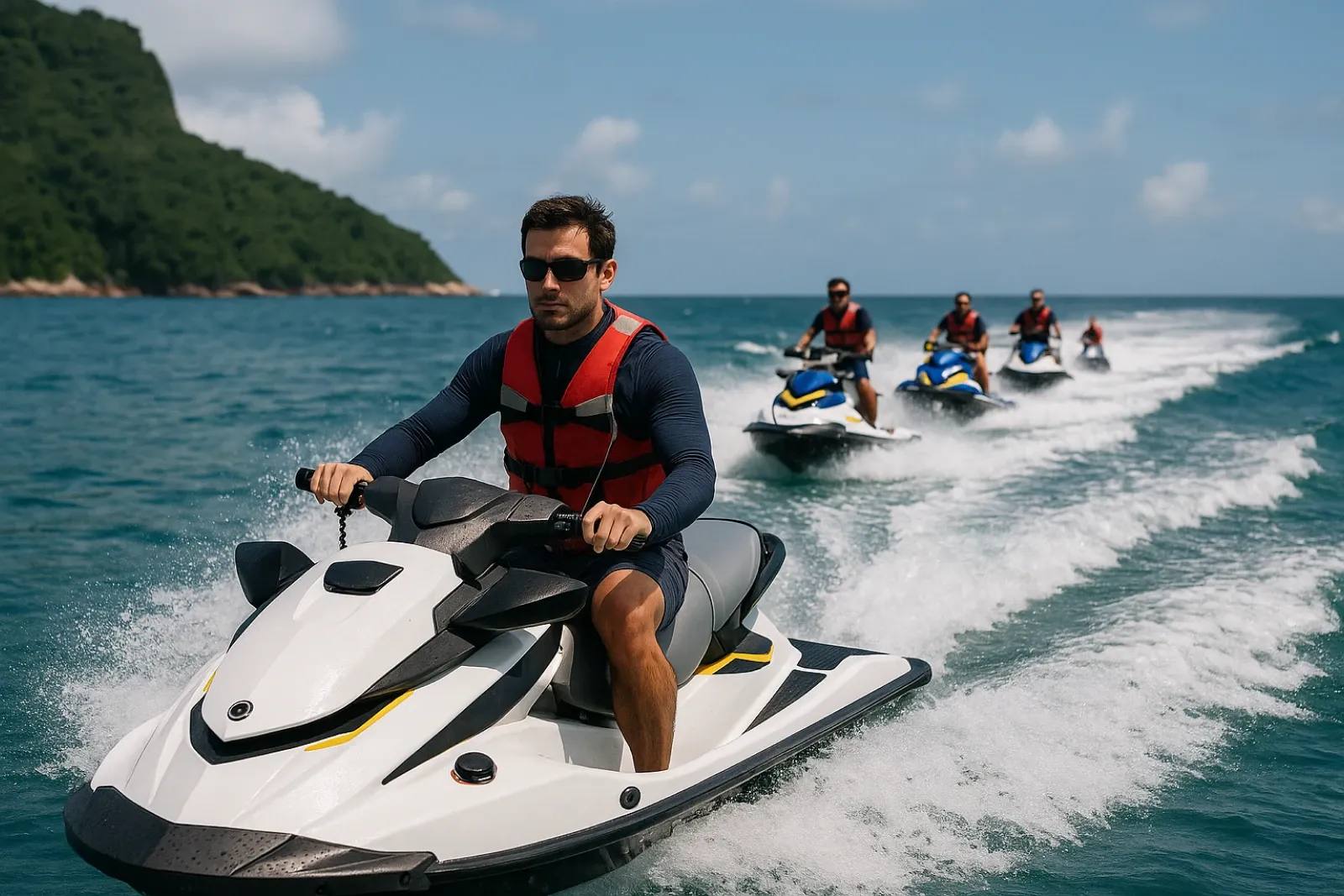 Grupo de motonautas habilitados realiza passeio guiado com jet skis em mar brasileiro, seguindo a nova NORMAM-212/DPC de 2025.